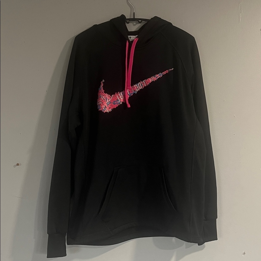 Nike Women's Black Hoodie with Pink Swoosh Medium